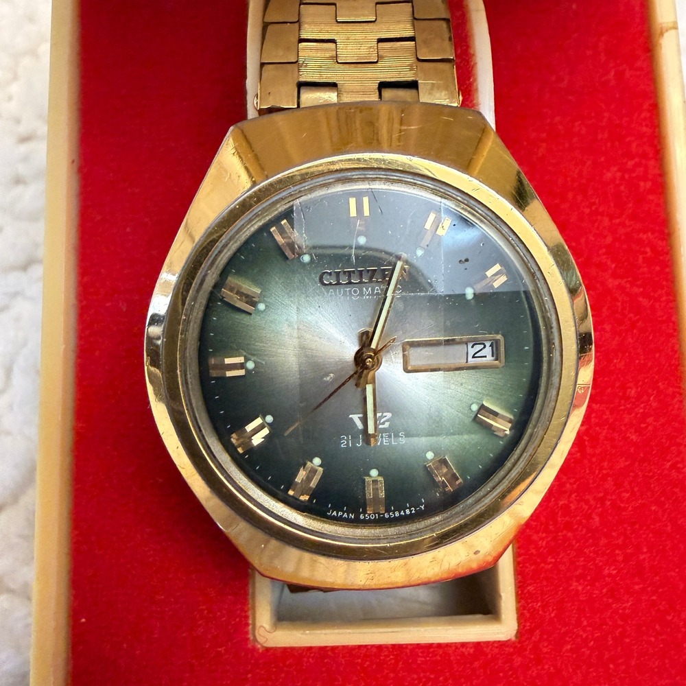 Vintage Citizen Automatic 21 Jewel Men Watch 7714 Day Date Gray Dial Untested